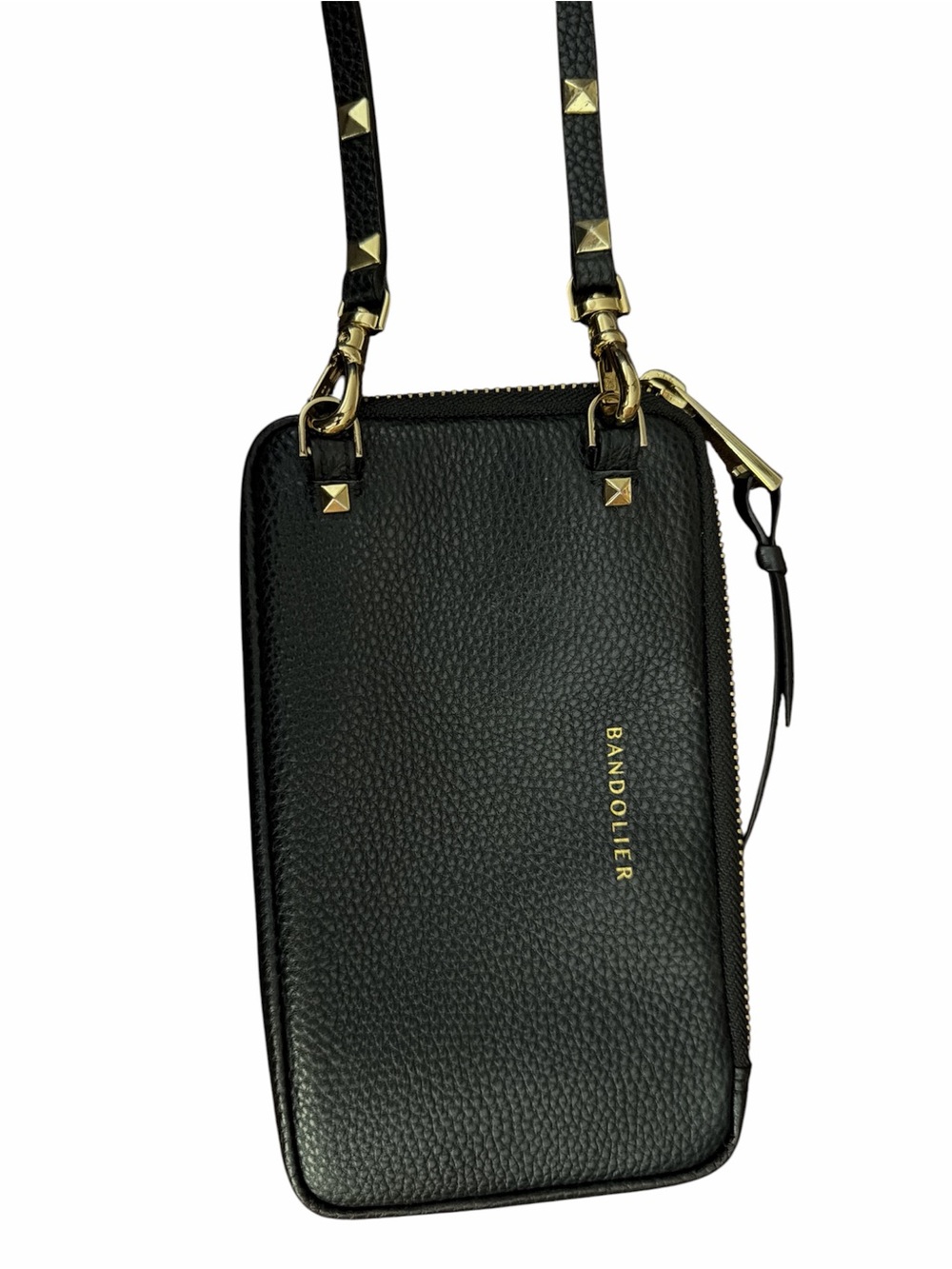 Bandolier Black Pebbled Leather Crossbody with Gold Hardware and Studded Strap